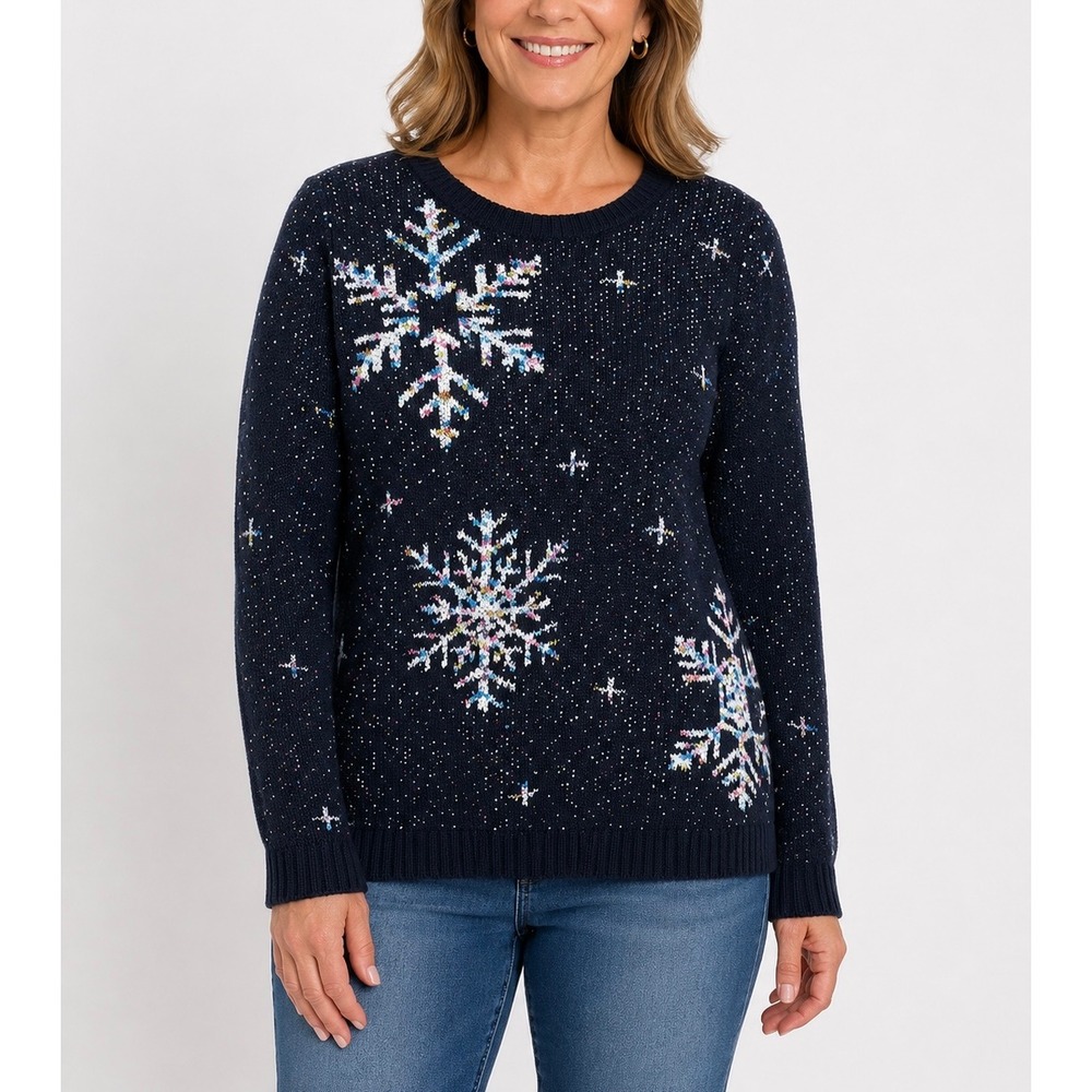 J. Jill Sweater Women Medium Navy Blue Snowflake Confetti Knit Holiday Winter